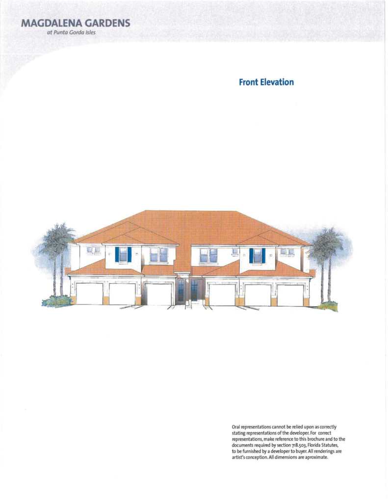 Photo of one of the 15 buildings located at Magdalena gardens. It shows a two story building with 6 garage doors on the front side of the building.