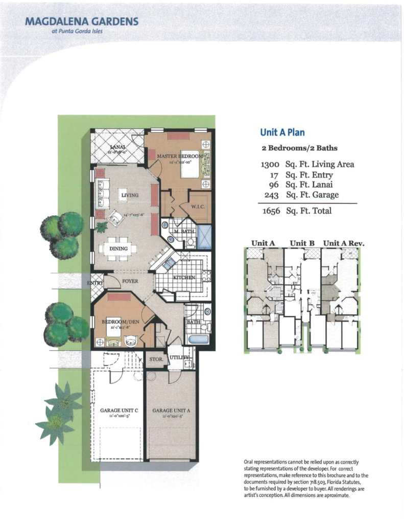 Photo of the floor plan for a 2 bedroom 2 bathroom unit on the ground floor at Magdalena Gardens. This unit is located on the outer edge of the building. 1300 square feet in living area, 17 square feet in an entry, 96 square feet for the lanai, 243 square feet for the garage. It all totals 1656 square feet.