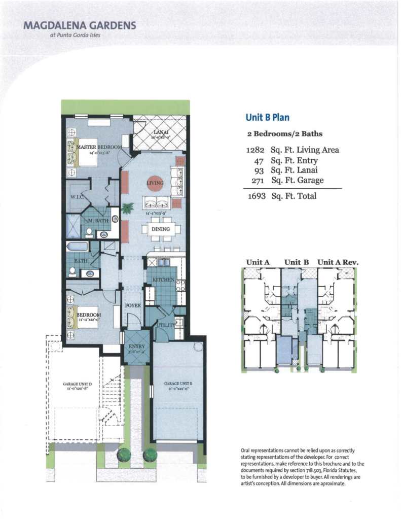 Photo of the floor plan for a 2 bedroom 2 bathroom unit on the ground floor at Magdalena Gardens. This unit is located in the center of the building. 1282 square feet in living area, 47 square feet in an entry, 93 square feet for the lanai, 271 square feet for the garage. It all totals 1693 square feet.