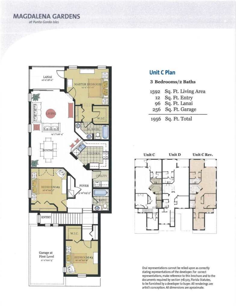Photo of the floor plan for a 3 bedroom 2 bathroom unit on the 2nd level at Magdalena Gardens. This unit is located on the outer edge of the building. 1592 square feet in living area, 12 square feet in an entry, 96 square feet for the lanai, 256 square feet for the garage. It all totals 1956 square feet.