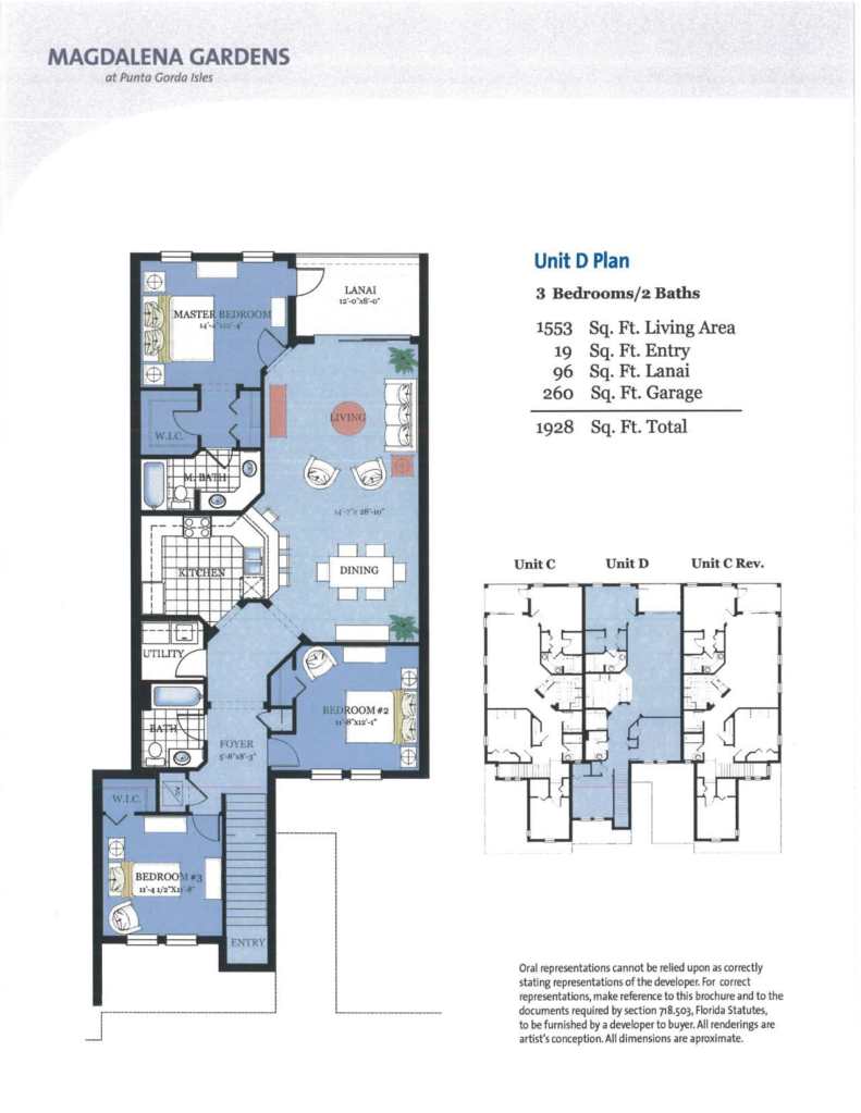 Photo of the floor plan for a 3 bedroom 2 bathroom unit on the 2nd level at Magdalena Gardens. This unit is located in the center of the building. 1553 square feet in living area, 19 square feet in an entry, 96 square feet for the lanai, 260 square feet for the garage. It all totals 1928 square feet.